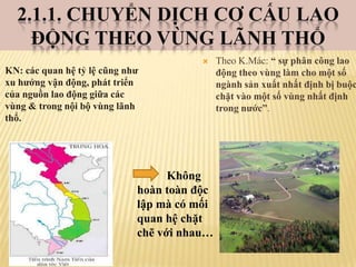 2.1.1. CHUYỂN DỊCH CƠ CẤU LAO
ĐỘNG THEO VÙNG LÃNH THỔ
KN: các quan hệ tỷ lệ cũng nhƣ
xu hƣớng vận động, phát triển
của nguồn lao động giữa các
vùng & trong nội bộ vùng lãnh
thổ.



Không
hoàn toàn độc
lập mà có mối
quan hệ chặt
chẽ với nhau…

Theo K.Mác: “ sự phân công lao
động theo vùng làm cho một số
ngành sản xuất nhất định bị buộc
chặt vào một số vùng nhất định
trong nƣớc”.

 