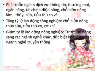 • Phát triển ngành dịch vụ: thông tin, thương mại,
ngân hàng, tài chính,điện năng, chế biến nônglâm –thủy- sản, tiểu thủ cn và…
• Tăng tỷ lệ lao động công nghiệp: chế biến nôngthủy sản, tiểu thủ cn, cơ khí…
• Giảm tỷ lệ lao động nông nghiệp: Từ thuần nông
sang các ngành nghề khác, đặc biệt khôi phục các
ngành nghề truyền thống

 
