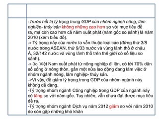 -Trước hết là tỷ trọng trong GDP của nhóm ngành nông, lâm
nghiệp- thủy sản không những cao hơn so với mục tiêu đề
ra, mà còn cao hơn cả năm xuất phát (năm gốc so sánh) là năm
2010 (xem biểu đồ).
-> Tỷ trọng này của nước ta vẫn thuộc loại cao (đứng thứ 3/8
nước trong ASEAN, thứ 9/33 nước và vùng lãnh thổ ở châu
Á, 32/142 nước và vùng lãnh thổ trên thế giới có số liệu so
sánh).
-> Do Việt Nam xuất phát từ nông nghiệp đi lên, có tới 70% dân
số sống ở nông thôn, gần một nửa lao động đang làm việc ở
nhóm ngành nông, lâm nghiệp- thủy sản.
->Vì vậy, đề giảm tỷ trọng trong GDP của nhóm ngành này
không dễ dàng.
-Tỷ trọng nhóm ngành Công nghiệp trong GDP của ngành này
có tăng so với năm gốc. Tuy nhiên, vẫn chưa đạt được mục tiêu
đề ra.
-Tỷ trọng nhóm ngành Dịch vụ năm 2012 giảm so với năm 2010
do còn gặp những khó khăn

 
