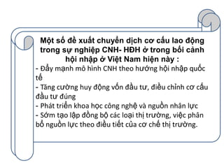 Một số đề xuất chuyển dịch cơ cấu lao động
trong sự nghiệp CNH- HĐH ở trong bối cảnh
hội nhập ở Việt Nam hiện này :
- Đẩy mạnh mô hình CNH theo hướng hội nhập quốc
tế
- Tăng cường huy động vốn đầu tư, điều chỉnh cơ cấu
đầu tư đúng
- Phát triển khoa học công nghệ và nguồn nhân lực
- Sớm tạo lập đồng bộ các loại thị trường, việc phân
bổ nguồn lực theo điều tiết của cơ chế thị trường.

 