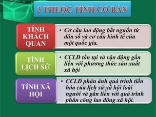 TÍNH
KHÁCH
QUAN

• Cơ cấu lao động bắt nguồn từ
dân số và cơ cấu kinh tế của
một quốc gia.

TÍNH
LỊCH SỬ

• CCLĐ tồn tại và vận động gắn
liền với phương thức sản xuất
xã hội

TÍNH XÃ
HỘI

• CCLĐ phản ánh quá trình tiến
hóa của lịch sử xã hội loài
người và gắn liền với quá trình
phân công lao đông xã hội.

 