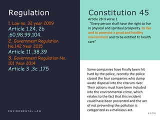 Regulation
1. Law no. 32 year 2009
Article 1.24, 2b
,60,98,99,104.
2. Government Regulation
No.142 Year 2015
Article 11 ,38,39
3. Government Regulation No.
101 Year 2014
Article 3 ,3c ,175
E N V I R O M E N T A L L A W
Constitution 45
Article 28 H verse 1
"Every person shall have the right to live
in physical and spiritual prosperity, to live
and to promote a good and healthy
environment and to be entitled to health
care"
0 5 /10
Some companies have finally been hit
hard by the police, recently the police
closed the four companies who dump
waste disposal into the citarum river.
Their actions must have been included
into the environmental crime, which
relates to the fact that this incident
could have been prevented and the act
of not preventing the pollution is
categorized as a malicious act.
 