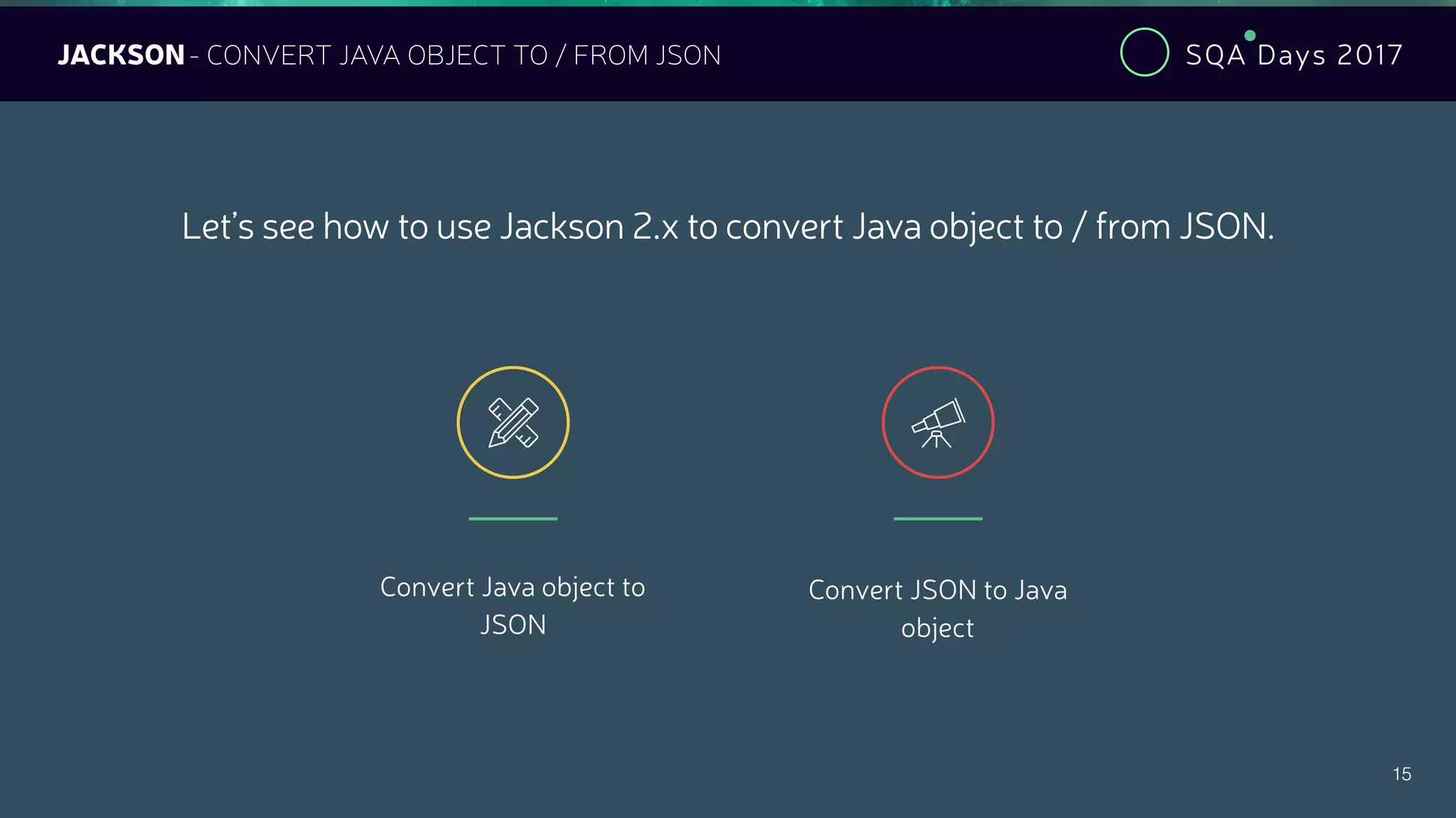 SQA Days 2017
15
JACKSON- CONVERT JAVA OBJECT TO / FROM JSON
15
Let’s see how to use Jackson 2.x to convert Java object to / from JSON.
Convert Java object to
JSON

Convert JSON to Java
object

 
