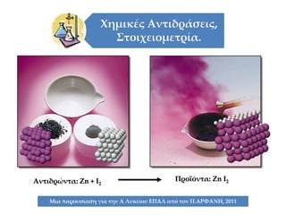 Χημικές Αντιδράσεις,
                      ΢τοιχειομετρία.




Αντιδρώντα: Zn + I2                         Προϊόντα: Zn I2


    Μια παρουσίαση για την Α Λυκείου ΕΠΑΛ από τον Π.ΑΡΦΑΝΗ, 2011
 