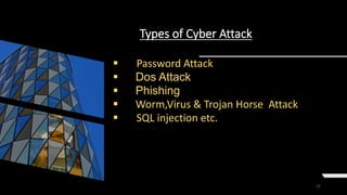 12
Types of Cyber Attack
 Password Attack
 Dos Attack
 Phishing
 Worm,Virus & Trojan Horse Attack
 SQL injection etc.
 