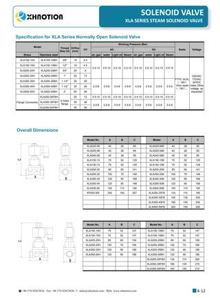 +86 574 82823826 Fax +86 574 82823826 sales@xhnotion.com Web: www.xhnotion.com 
3
PNEUMATIC FITTINGSSOLENOID VALVE
4-12
XLA SERIES STEAM SOLENOID VALVE
Specification for XLA Series Normally Open Solenoid Valve
Model Thread
Size (G)
Orifice
(mm)
CV
Working Pressure (Bar)
Seals VoltageAC DC
Brass Stainless steel air, gas water Light oil Steam air, gas water Light oil Steam
XLA150-10H XLA150-10BH 3/8 15 4.5
0.5-10 0.5-10 0.5-10 0.5-10 0.5-10 0.5-10 0.5-10 0.5-10
PTFE SEAL
≤ 180℃
Viton seals
≤ 150℃；
220VAC
110VAC
24VDC
make Other
voltage as
requested
XLA150-15H XLA150-15BH 1/2 15 4.5
XLA200-20H XLA200-20BH 3/4 20 9
XLA250-25H XLA250-25BH 1 25 13
XLA350-35H XLA350-35BH 1 1/4 35 26
0.5-6 0.5-6 0.5-6 0.5-6 0.5-6 0.5-6 0.5-6 0.5-6XLA350-40H XLA350-40BH 1 1/2 35 26
XLA500-50H XLA500-50BH 2 50 48
Flange Connection
XLA250-25FBH
4 holes
flange
25 13 0.5-10 0.5-10 0.5-10 0.5-10 0.5-10 0.5-10 0.5-10 0.5-10
XLA350-35FBH 35 26
0.5-6 0.5-6 0.5-6 0.5-6 0.5-6 0.5-6 0.5-6 0.5-6
XLA350-40FBH 35 26
Overall Dimensions
Model No. A B C Model A B C
XLA025-06 40 28 85 XLA025-06B 40 28 85
XLA025-08 40 28 85 XLA025-08B 40 28 85
XLA040-08 40 28 85 XLA040-08B 40 28 85
XLA150-10 75 52 129 XLA150-10B 75 52 129
XLA150-15 75 52 129 XLA150-15B 75 52 129
XLA200-20 85 60 141 XLA200-20B 85 60 141
XLA250-25 100 70 148 XLA250-25B 100 70 148
XLA350-35 120 90 168 XLA350-35B 120 90 168
XLA350-40 120 90 168 XLA350-40B 120 90 168
XLA500-50 150 110 190 XLA500-50B 150 110 190
XP500-50F 200 160 207 XLA250-25FB 134 110 185
XLA350-35FB 160 135 200
XLA350-40FB 160 145 205
XLA500-50FB 200 155 250
Model No. A B C Model No. A B C
XLA150-10H 75 52 147 XLA150-10BH 75 52 147
XLA150-15H 75 52 147 XLA150-15BH 75 52 147
XLA200-20H 85 60 159 XLA200-20BH 85 60 159
XLA250-25H 100 70 166 XLA250-25BH 100 70 166
XLA350-35H 120 90 186 XLA350-35BH 120 90 186
XLA350-40H 120 90 186 XLA350-40BH 120 90 186
XLA250-25FBH 134 110 200
XLA350-35FBH 160 135 215
XLA350-40FBH 160 145 215
 
