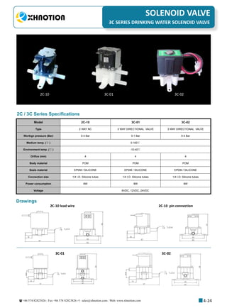 +86 574 82823826 Fax +86 574 82823826 sales@xhnotion.com Web: www.xhnotion.com 
3
PNEUMATIC FITTINGSSOLENOID VALVE
4-24
3C SERIES DRINKING WATER SOLENOID VALVE
Model 2C-10 3C-01 3C-02
Type 2 WAY NC 3 WAY DIRECTIONAL VALVE 3 WAY DIRECTIONAL VALVE
Workign pressure (Bar) 0-4 Bar 0-1 Bar 0-4 Bar
Medium temp. (℃ ) 0-100℃
Environment temp. (℃ ) -10-40℃
Orifice (mm) 4 4 4
Body material POM POM POM
Seals material EPDM / SILICONE EPDM / SILICONE EPDM / SILICONE
Connection size 1/4 I.D. Silicone tubes 1/4 I.D. Silicone tubes 1/4 I.D. Silicone tubes
Power consumption 8W 8W 8W
Voltage 6VDC, 12VDC, 24VDC
2C-10 3C-01 3C-02
2C / 3C Series Specifications
Drawings
2C-10 lead wire
3C-01 3C-02
2C-10 pin connection
 