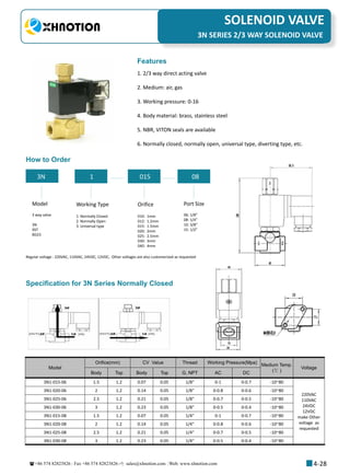 +86 574 82823826 Fax +86 574 82823826 sales@xhnotion.com Web: www.xhnotion.com 
3
PNEUMATIC FITTINGSSOLENOID VALVE
4-28
Specification for 3N Series Normally Closed
Features
How to Order
3N 1 015 08
Model
3 way valve
3N
XST
BD23
Orifice
010: 1mm
012: 1.2mm
015: 1.5mm
020: 2mm
025: 2.5mm
030: 3mm
040: 4mm
Port Size
06: 1/8”
08: 1/4”
10: 3/8”
15: 1/2”
Regular voltage : 220VAC, 110VAC, 24VDC, 12VDC, Other voltages are also customerized as requested
Working Type
1: Normally Closed
2. Normally Open
3. Universal type
1. 2/3 way direct acting valve
2. Medium: air, gas
3. Working pressure: 0-16
4. Body material: brass, stainless steel
5. NBR, VITON seals are available
6. Normally closed, normally open, universal type, diverting type, etc.
3N SERIES 2/3 WAY SOLENOID VALVE
Model
Orifice(mm) CV Value Thread Working Pressure(Mpa)
Medium Temp.
(℃ )
Voltage
Body Top Body Top G, NPT AC DC
3N1-015-06 1.5 1.2 0.07 0.05 1/8 0-1 0-0.7 -10~80
220VAC
110VAC
24VDC
12VDC
make Other
voltage as
requested
3N1-020-06 2 1.2 0.14 0.05 1/8 0-0.8 0-0.6 -10~80
3N1-025-06 2.5 1.2 0.21 0.05 1/8 0-0.7 0-0.5 -10~80
3N1-030-06 3 1.2 0.23 0.05 1/8 0-0.5 0-0.4 -10~80
3N1-015-08 1.5 1.2 0.07 0.05 1/4 0-1 0-0.7 -10~80
3N1-020-08 2 1.2 0.14 0.05 1/4 0-0.8 0-0.6 -10~80
3N1-025-08 2.5 1.2 0.21 0.05 1/4 0-0.7 0-0.5 -10~80
3N1-030-08 3 1.2 0.23 0.05 1/4 0-0.5 0-0.4 -10~80
 