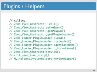 Plugins / Helpers

  // calling:
  // Zend_View_Abstract::__call()
  <!-- mytemplate.phtml -->
  // Zend_View_Abstract::getHelper()
  <ul>
  // Zend_View_Abstract::_getPlugin()
      <?php
  // Zend_View_Abstract::_getPluginLoader()
  // Zend_Loader_PluginLoader::load()
      foreach ($this->rows as $row) {
  // Zend_Loader_PluginLoader::isLoaded()
         echo $this->myViewHelper($row);
  // Zend_Loader_PluginLoader::getClassName()
      }
  // Zend_Loader_PluginLoader::_formatName()
  // Zend_View_Abstract::setView()
      ?>
  // call_user_func_array()
  </ul>
  // My_Helpers_MyViewHelper::myViewHelper()



                                                21
 