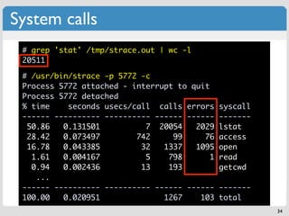 System calls
 # grep 'stat' /tmp/strace.out | wc -l
 20511

 # /usr/bin/strace -p 5772 -c
 Process 5772 attached - interrupt to quit
 Process 5772 detached
 % time    seconds usecs/call calls errors     syscall
 ------ ---------- ---------- ------ ------    -------
  50.86   0.131501          7 20054    2029    lstat
  28.42   0.073497        742     99     76    access
  16.78   0.043385         32   1337   1095    open
   1.61   0.004167          5    798       1   read
   0.94   0.002436         13    193           getcwd
    ...
 ------ ---------- ---------- ------ ------    -------
 100.00   0.020951              1267    103    total
                                                         34
 