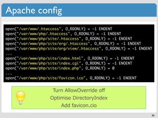 Apache conﬁg
open("/var/www/.htaccess", O_RDONLY) = -1 ENOENT
open("/var/www/php/.htaccess", O_RDONLY) = -1 ENOENT
open("/var/www/php/site/.htaccess", O_RDONLY) = -1 ENOENT
open("/var/www/php/site/org/.htaccess", O_RDONLY) = -1 ENOENT
open("/var/www/php/site/org/view/.htaccess", O_RDONLY) = -1 ENOENT
...
open("/var/www/php/site/index.html", O_RDONLY) = -1 ENOENT
open("/var/www/php/site/index.cgi", O_RDONLY) = -1 ENOENT
open("/var/www/php/site/index.php", O_RDONLY) = 0
...
open("/var/www/php/site/favicon.ico", O_RDONLY) = -1 ENOENT


                     Turn AllowOverride off
                    Optimise DirectoryIndex
                        Add favicon.cio
                                                                 36
 