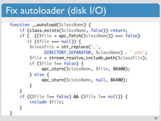 Fix autoloader (disk I/O)
 function __autoload($className) {
     if (class_exists($className, false)) return;
     if ( (...