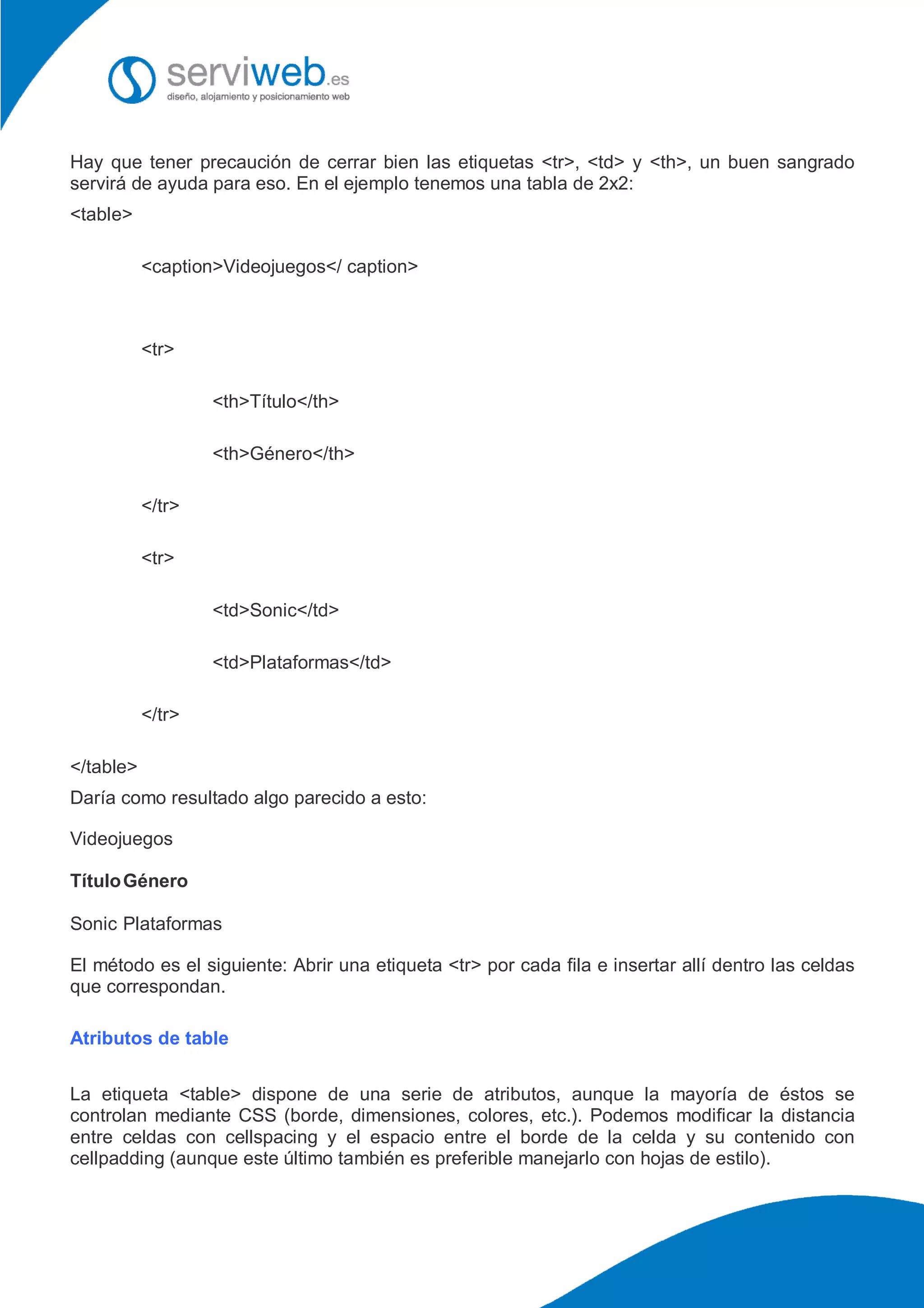 Hay que tener precaución de cerrar bien las etiquetas <tr>, <td> y <th>, un buen sangrado
servirá de ayuda para eso. En el ejemplo tenemos una tabla de 2x2:
<table>
<caption>Videojuegos</ caption>
<tr>
<th>Título</th>
<th>Género</th>
</tr>
<tr>
<td>Sonic</td>
<td>Plataformas</td>
</tr>
</table>
Daría como resultado algo parecido a esto:
Videojuegos
TítuloGénero
Sonic Plataformas
El método es el siguiente: Abrir una etiqueta <tr> por cada fila e insertar allí dentro las celdas
que correspondan.
Atributos de table
La etiqueta <table> dispone de una serie de atributos, aunque la mayoría de éstos se
controlan mediante CSS (borde, dimensiones, colores, etc.). Podemos modificar la distancia
entre celdas con cellspacing y el espacio entre el borde de la celda y su contenido con
cellpadding (aunque este último también es preferible manejarlo con hojas de estilo).
 