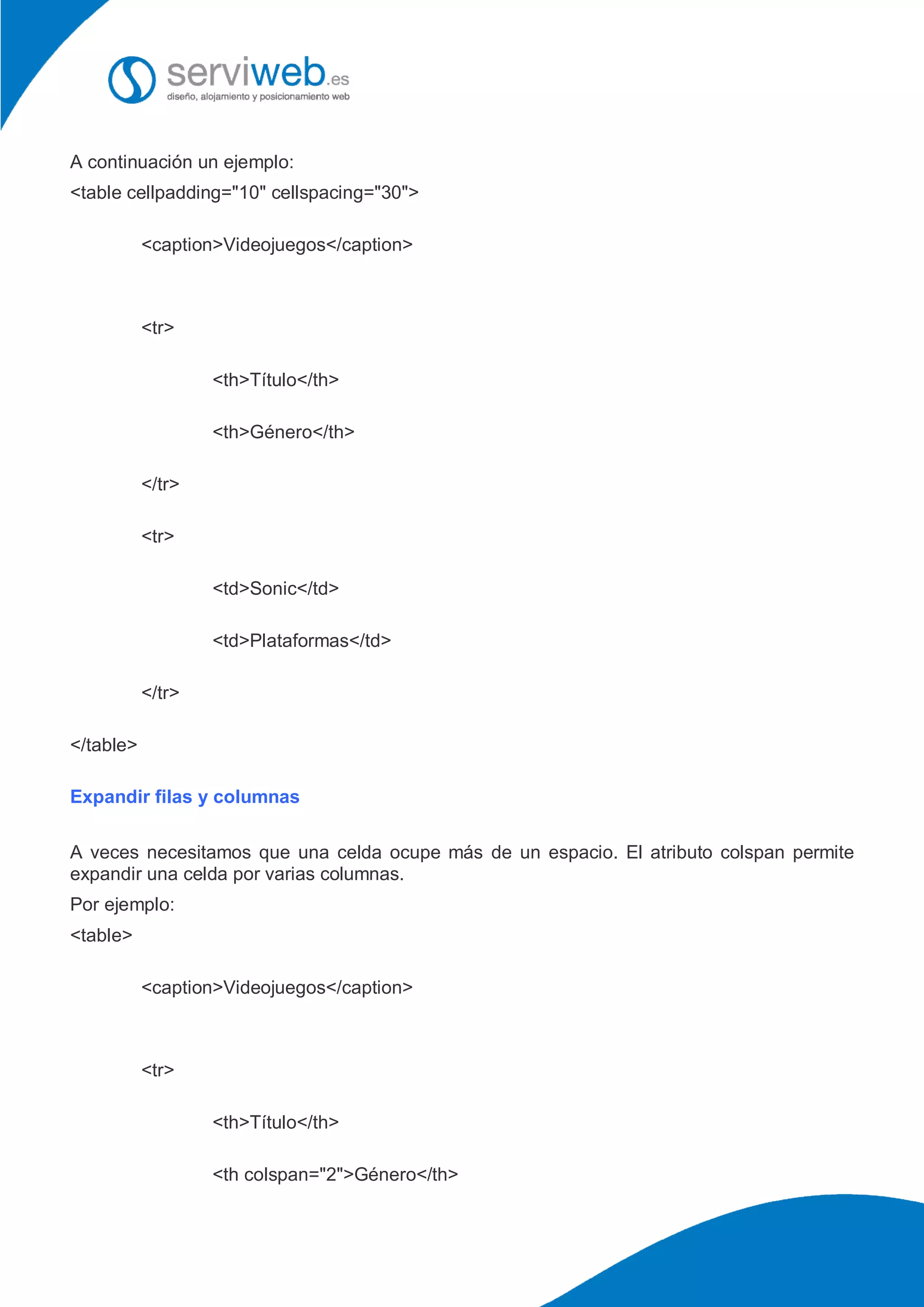 A continuación un ejemplo:
<table cellpadding="10" cellspacing="30">
<caption>Videojuegos</caption>
<tr>
<th>Título</th>
<th>Género</th>
</tr>
<tr>
<td>Sonic</td>
<td>Plataformas</td>
</tr>
</table>
Expandir filas y columnas
A veces necesitamos que una celda ocupe más de un espacio. El atributo colspan permite
expandir una celda por varias columnas.
Por ejemplo:
<table>
<caption>Videojuegos</caption>
<tr>
<th>Título</th>
<th colspan="2">Género</th>
 