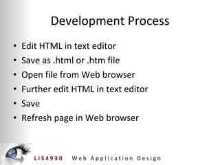 Development Process Edit HTML in text editor Save as .html or .htm file Open file from Web browser Further edit HTML in text editor Save Refresh page in Web browser