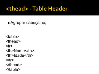 Agrupar cabeçalho;


<table>
<thead>
<tr>
<th>Nome</th>
<th>Idade</th>
</tr>
</thead>
</table>
 