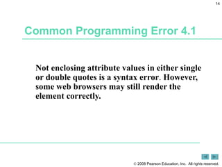Common Programming Error 4.1 Not enclosing attribute values in either single or double quotes is a syntax error .  However, some web browsers may still render the element correctly. 