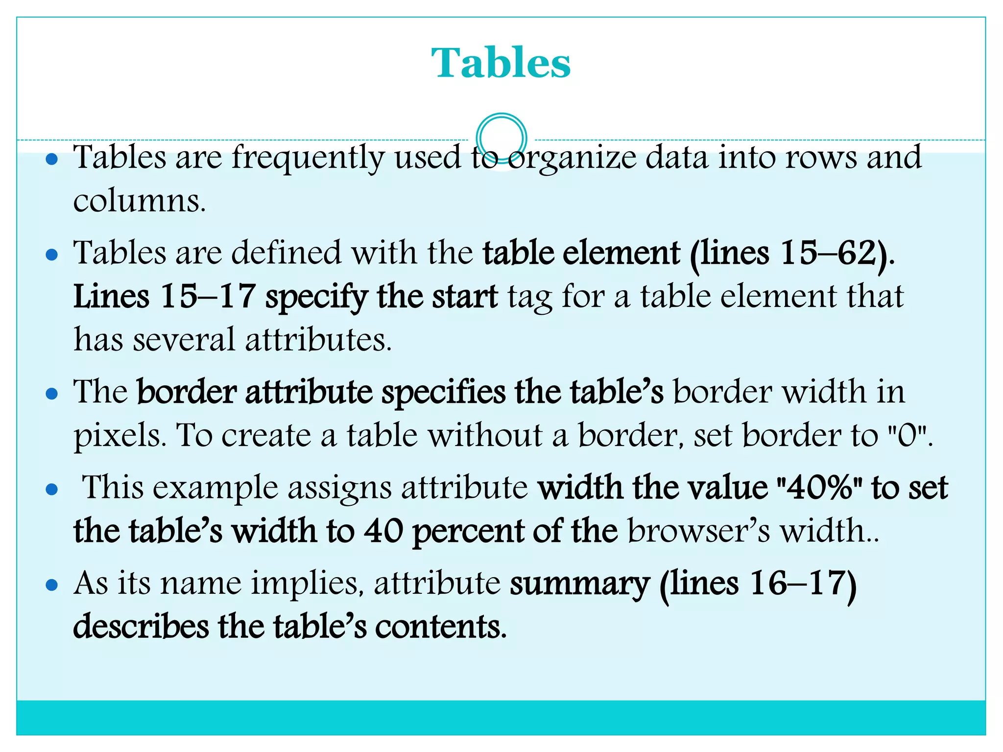 Tables
 Tables are frequently used to organize data into rows and
columns.
 Tables are defined with the table element (lines 15–62).
Lines 15–17 specify the start tag for a table element that
has several attributes.
 The border attribute specifies the table’s border width in
pixels. To create a table without a border, set border to "0".
 This example assigns attribute width the value "40%" to set
the table’s width to 40 percent of the browser’s width..
 As its name implies, attribute summary (lines 16–17)
describes the table’s contents.
 