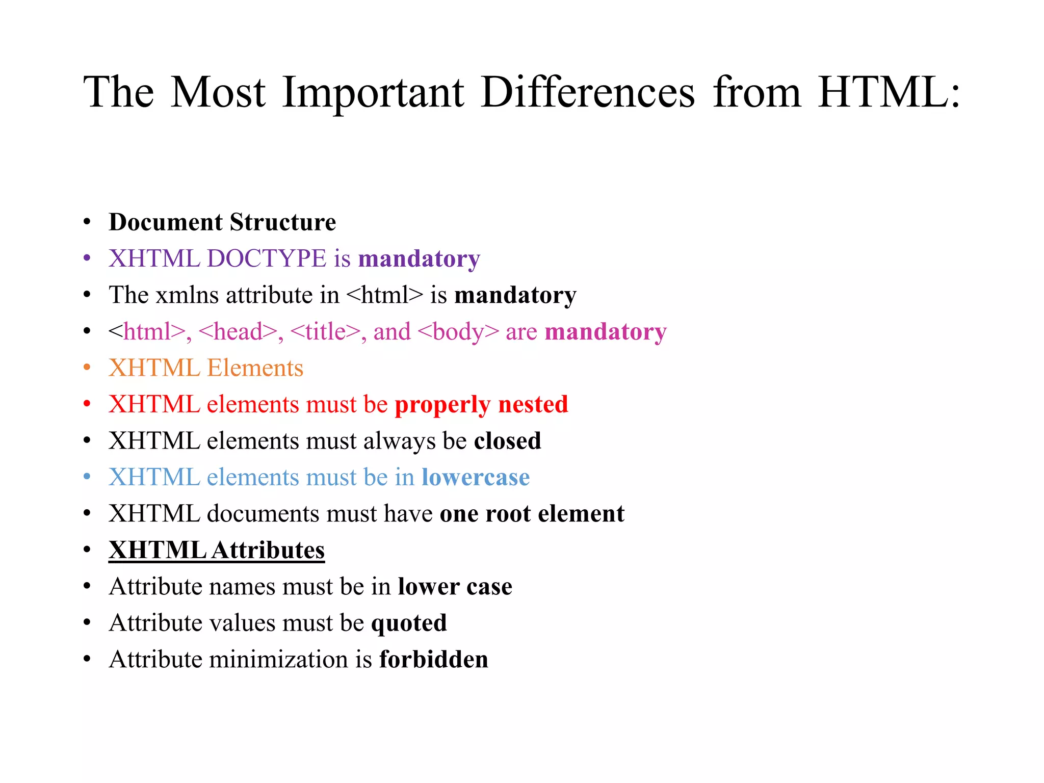 The Most Important Differences from HTML:
• Document Structure
• XHTML DOCTYPE is mandatory
• The xmlns attribute in <html> is mandatory
• <html>, <head>, <title>, and <body> are mandatory
• XHTML Elements
• XHTML elements must be properly nested
• XHTML elements must always be closed
• XHTML elements must be in lowercase
• XHTML documents must have one root element
• XHTMLAttributes
• Attribute names must be in lower case
• Attribute values must be quoted
• Attribute minimization is forbidden
 