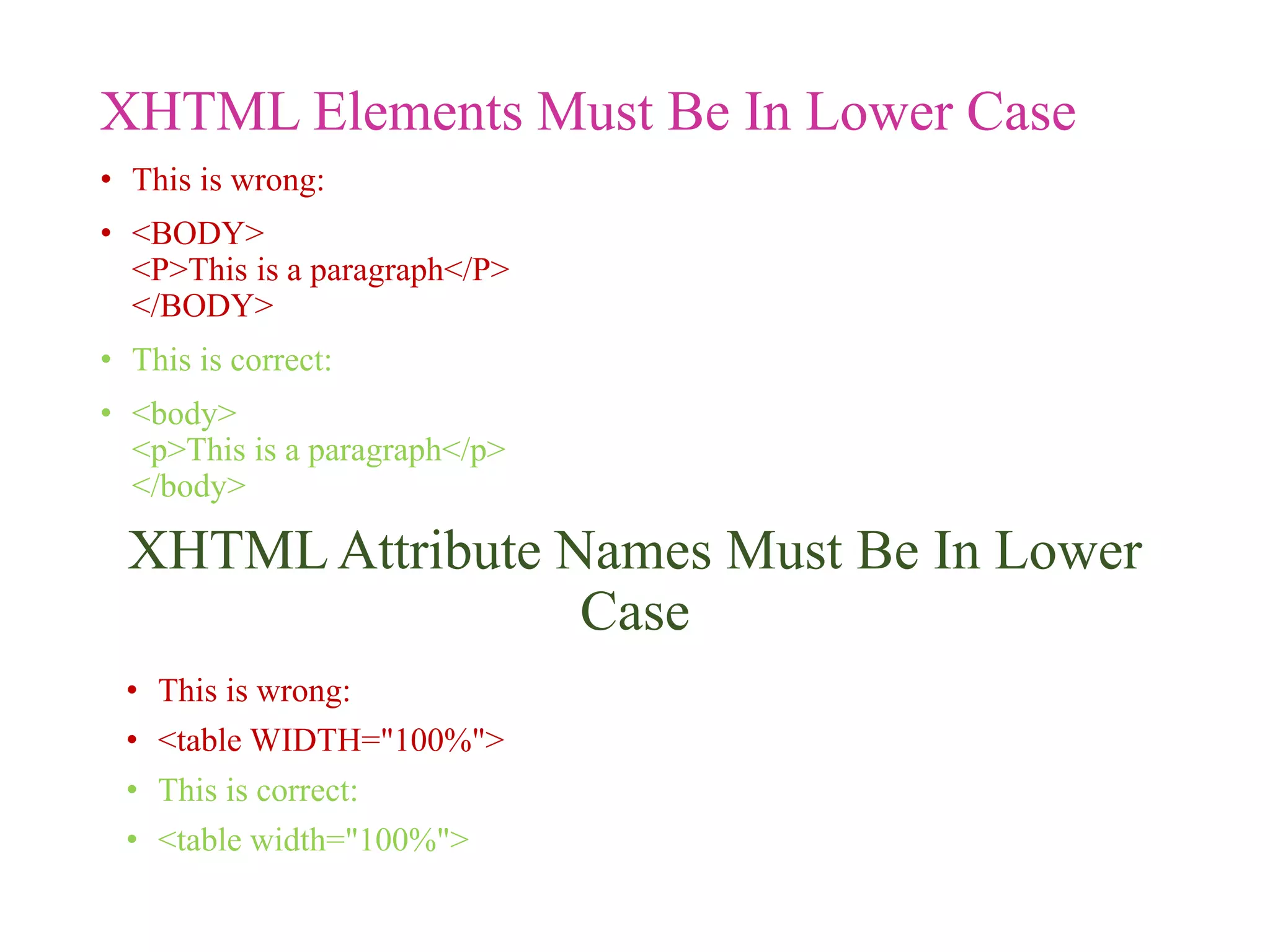 XHTML Elements Must Be In Lower Case
• This is wrong:
• <BODY>
<P>This is a paragraph</P>
</BODY>
• This is correct:
• <body>
<p>This is a paragraph</p>
</body>
XHTMLAttribute Names Must Be In Lower
Case
• This is wrong:
• <table WIDTH="100%">
• This is correct:
• <table width="100%">
 