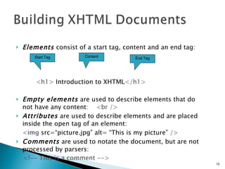 Elements  consist of a start tag, content and an end tag: <h1>   Introduction to XHTML </h1> Empty elements   are used to describe elements that do not have any content :  <br /> Attributes  are used to describe elements and are placed inside the open tag of an element: <img  src=“picture.jpg” alt= “This is my picture”  /> Comments  are used to notate the document, but are not processed by parsers: <!-- This is a comment --> Start Tag Content End Tag 