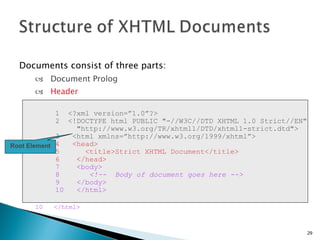 Documents consist of three parts: Document Prolog Header Body 1  <?xml version=”1.0”?> 2  <!DOCTYPE html PUBLIC "-//W3C//DTD XHTML 1.0 Strict//EN" "http://www.w3.org/TR/xhtml1/DTD/xhtml1-strict.dtd"> 3  <html xmlns=”http://www.w3.org/1999/xhtml”> 4  <head> 5  <title>Strict XHTML Document</title> 6  </head> 7  <body> 8  <!--  Body of document goes here --> 9  </body> 10  </html> 1  <?xml version=”1.0”?> 2  <!DOCTYPE html PUBLIC "-//W3C//DTD XHTML 1.0 Strict//EN" "http://www.w3.org/TR/xhtml1/DTD/xhtml1-strict.dtd"> 3  <html xmlns=”http://www.w3.org/1999/xhtml”> 4  <head> 5  <title>Strict XHTML Document</title> 6  </head> 7  <body> 8  <!--  Body of document goes here --> 9  </body> 10  </html> Root Element 