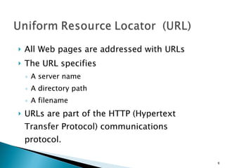 All Web pages are addressed with URLs The URL specifies  A server name A directory path A filename URLs are part of the HTTP (Hypertext Transfer Protocol) communications protocol. 