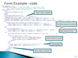 Open <form> element } Checkbox group for accounts } Radio group for emp close <form> element } Select group for branch submit button 