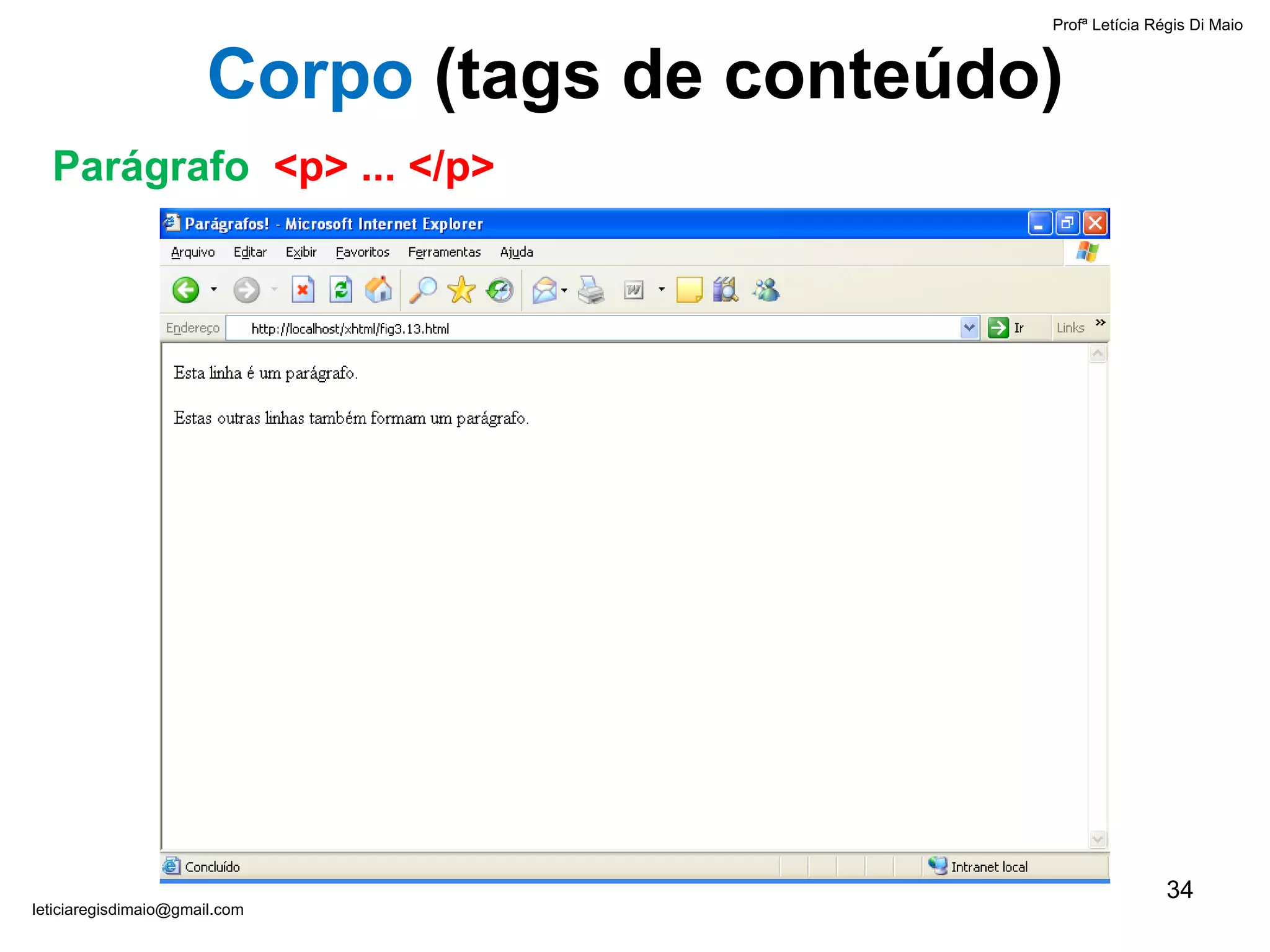 Profª Letícia Régis Di Maio  [email_address] Corpo  ( tags de conteúdo) Parágrafo  <p> ... </p> 