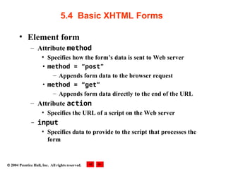  2004 Prentice Hall, Inc. All rights reserved.
5.4 Basic XHTML Forms
• Element form
– Attribute method
• Specifies how the form’s data is sent to Web server
• method = “post”
– Appends form data to the browser request
• method = “get”
– Appends form data directly to the end of the URL
– Attribute action
• Specifies the URL of a script on the Web server
– input
• Specifies data to provide to the script that processes the
form
 