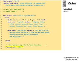  2004 Prentice Hall, Inc.
All rights reserved.
Outline
Outline
index.html
(1 of 2)
1 <?xml version = "1.0"?>
2 <!DOCTYPE html PUBLIC "-//W3C//DTD XHTML 1.0 Frameset//EN"
3 "http://www.w3.org/TR/xhtml1/DTD/xhtml1-frameset.dtd">
4
5 <!-- Fig. 5.9: index.html -->
6 <!-- XHTML Frames I -->
7
8 <html xmlns = "http://www.w3.org/1999/xhtml">
9 <head>
10 <title>Internet and WWW How to Program - Main</title>
11 <meta name = "keywords" content = "Webpage, design,
12 XHTML, tutorial, personal, help, index, form,
13 contact, feedback, list, links, frame, deitel" />
14
15 <meta name = "description" content = "This Web site will
16 help you learn the basics of XHTML and Web page design
17 through the use of interactive examples
18 and instruction." />
19
20 </head>
21
22 <!-- the <frameset> tag sets the frame dimensions -->
23 <frameset cols = "110,*">
24
 