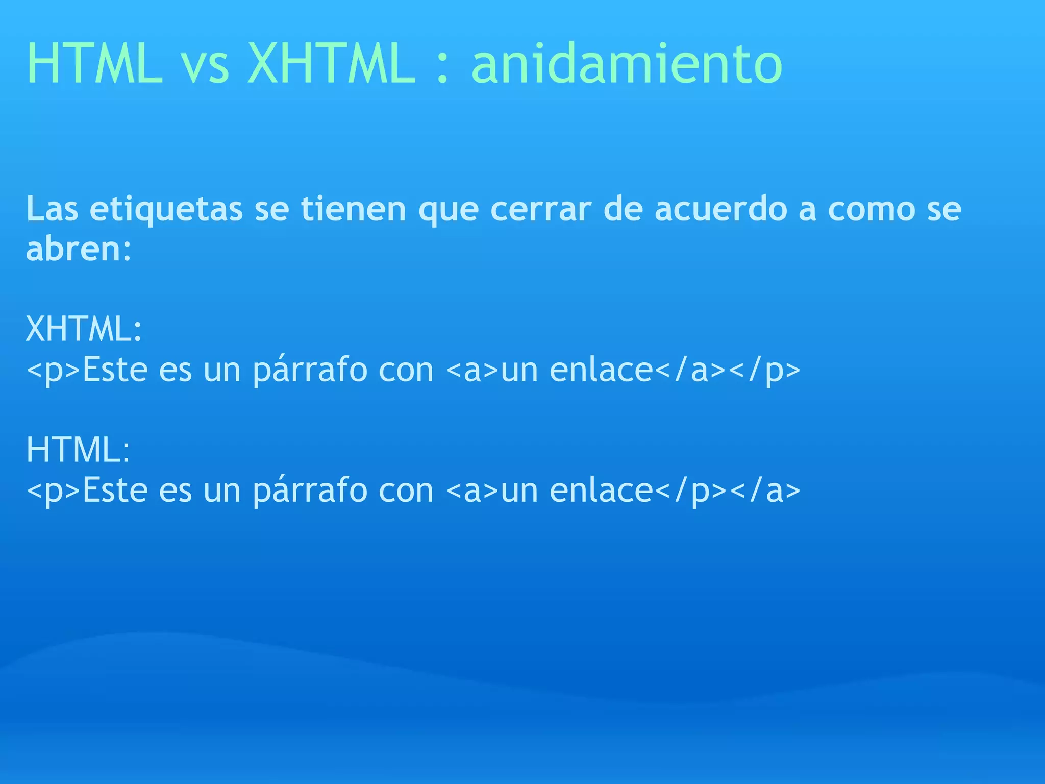 HTML vs XHTML : anidamiento

Las etiquetas se tienen que cerrar de acuerdo a como se
abren:

XHTML:
<p>Este es un párrafo con <a>un enlace</a></p>

HTML:
<p>Este es un párrafo con <a>un enlace</p></a>
 