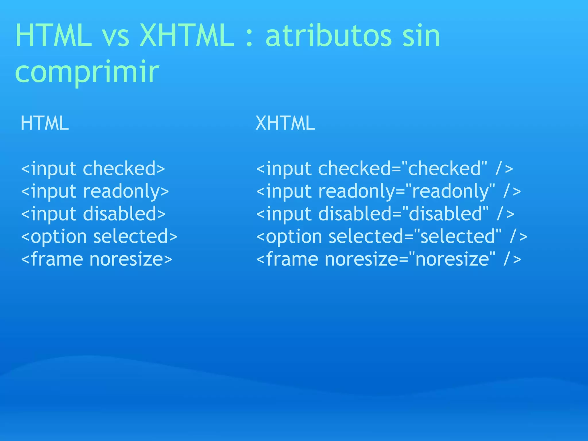 HTML vs XHTML : atributos sin
comprimir
HTML                XHTML

<input checked>     <input checked="checked" />
<input readonly>    <input readonly="readonly" />
<input disabled>    <input disabled="disabled" />
<option selected>   <option selected="selected" />
<frame noresize>    <frame noresize="noresize" />
 