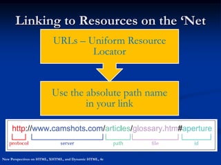 Linking to Resources on the „Net
                          URLs – Uniform Resource
                                  Locator


                         Use the absolute path name
                                 in your link




New Perspectives on HTML, XHTML, and Dynamic HTML, 4e
 