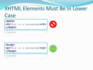 XHTML Elements Must Be In Lower Case<BODY><P>This is a paragraph</P></BODY><body><p>This is a paragraph</p></body>
