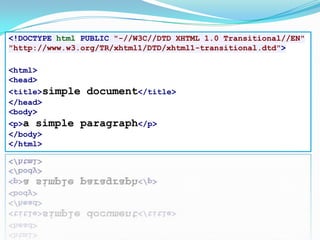 An XHTML Example<!DOCTYPE html PUBLIC "-//W3C//DTD XHTML 1.0 Transitional//EN""http://www.w3.org/TR/xhtml1/DTD/xhtml1-transitional.dtd"><html><head><title>simple document</title></head><body><p>a simple paragraph</p></body></html>