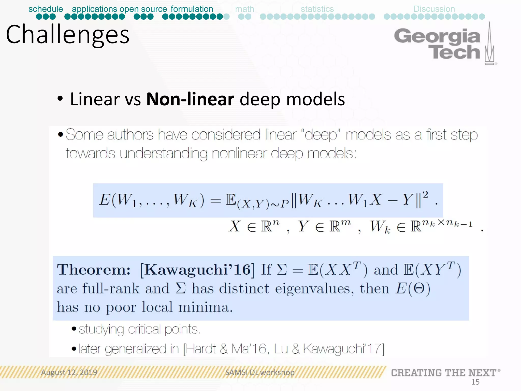 Challenges
• Linear vs Non-linear deep models
schedule applications open source formulation math statistics Discussion
August 12, 2019 SAMSI DL workshop
15
 