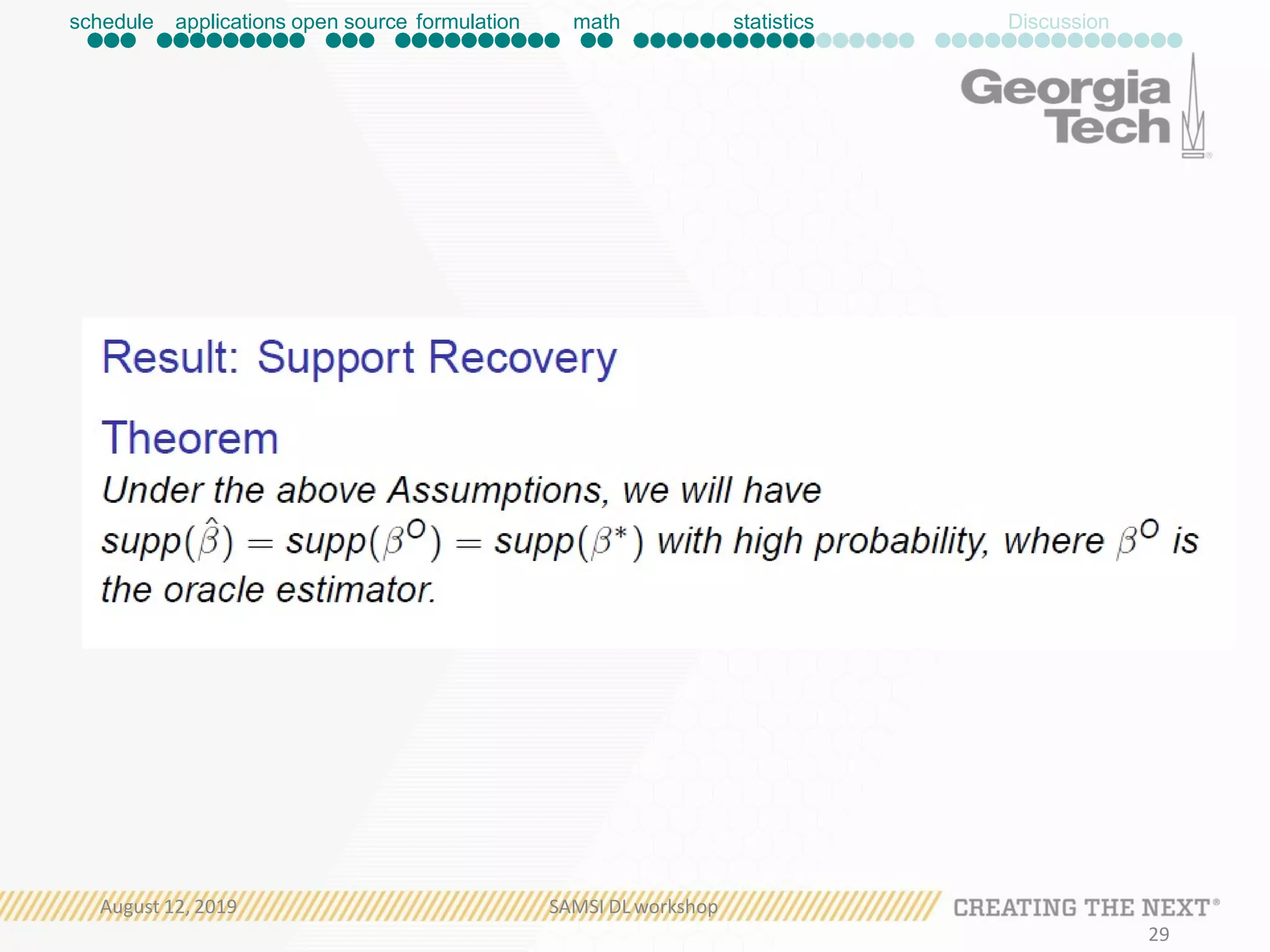 schedule applications open source formulation math statistics Discussion
August 12, 2019 SAMSI DL workshop
29
 