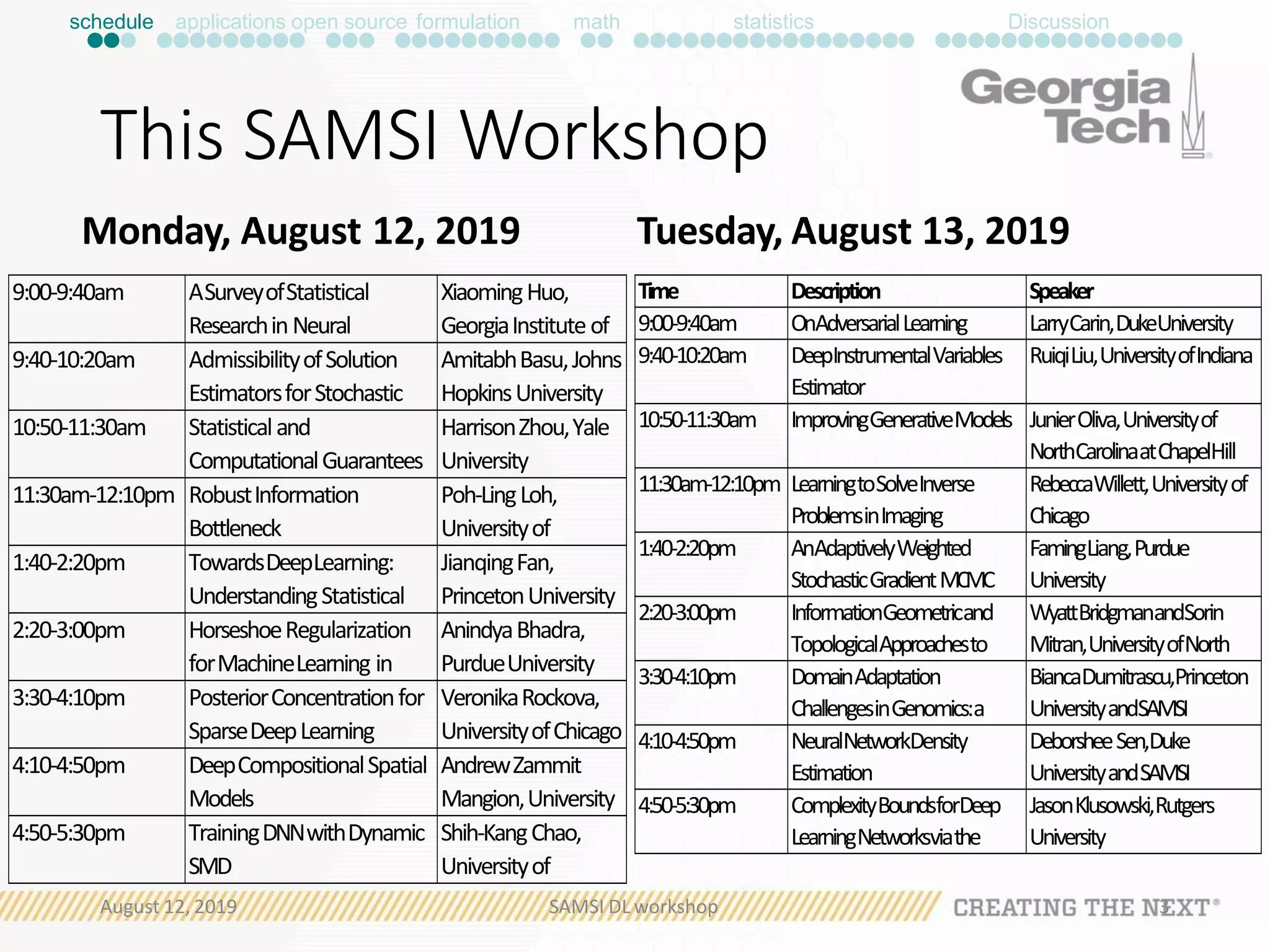 This SAMSI Workshop
Monday, August 12, 2019 Tuesday, August 13, 2019
9:00-9:40am ASurveyofStatistical
ResearchinNeural
XiaomingHuo,
GeorgiaInstituteof
9:40-10:20am AdmissibilityofSolution
EstimatorsforStochastic
AmitabhBasu,Johns
HopkinsUniversity
10:50-11:30am Statisticaland
ComputationalGuarantees
HarrisonZhou,Yale
University
11:30am-12:10pm RobustInformation
Bottleneck
Poh-LingLoh,
Universityof
1:40-2:20pm TowardsDeepLearning:
UnderstandingStatistical
JianqingFan,
PrincetonUniversity
2:20-3:00pm HorseshoeRegularization
forMachineLearning in
AnindyaBhadra,
PurdueUniversity
3:30-4:10pm PosteriorConcentrationfor
SparseDeepLearning
VeronikaRockova,
UniversityofChicago
4:10-4:50pm DeepCompositionalSpatial
Models
AndrewZammit
Mangion,University
4:50-5:30pm TrainingDNNwithDynamic
SMD
Shih-KangChao,
Universityof
Time Description Speaker
9:00-9:40am OnAdversarialLearning LarryCarin,DukeUniversity
9:40-10:20am DeepInstrumentalVariables
Estimator
RuiqiLiu,UniversityofIndiana
10:50-11:30am ImprovingGenerativeModels JunierOliva,Universityof
NorthCarolinaatChapelHill
11:30am-12:10pm LearningtoSolveInverse
ProblemsinImaging
RebeccaWillett,Universityof
Chicago
1:40-2:20pm AnAdaptivelyWeighted
StochasticGradientMCMC
FamingLiang,Purdue
University
2:20-3:00pm InformationGeometricand
TopologicalApproachesto
WyattBridgmanandSorin
Mitran,UniversityofNorth
3:30-4:10pm DomainAdaptation
ChallengesinGenomics:a
BiancaDumitrascu,Princeton
UniversityandSAMSI
4:10-4:50pm NeuralNetworkDensity
Estimation
DeborsheeSen,Duke
UniversityandSAMSI
4:50-5:30pm ComplexityBoundsforDeep
LearningNetworksviathe
JasonKlusowski,Rutgers
University
schedule applications open source formulation math statistics Discussion
August 12, 2019 SAMSI DL workshop 3
 