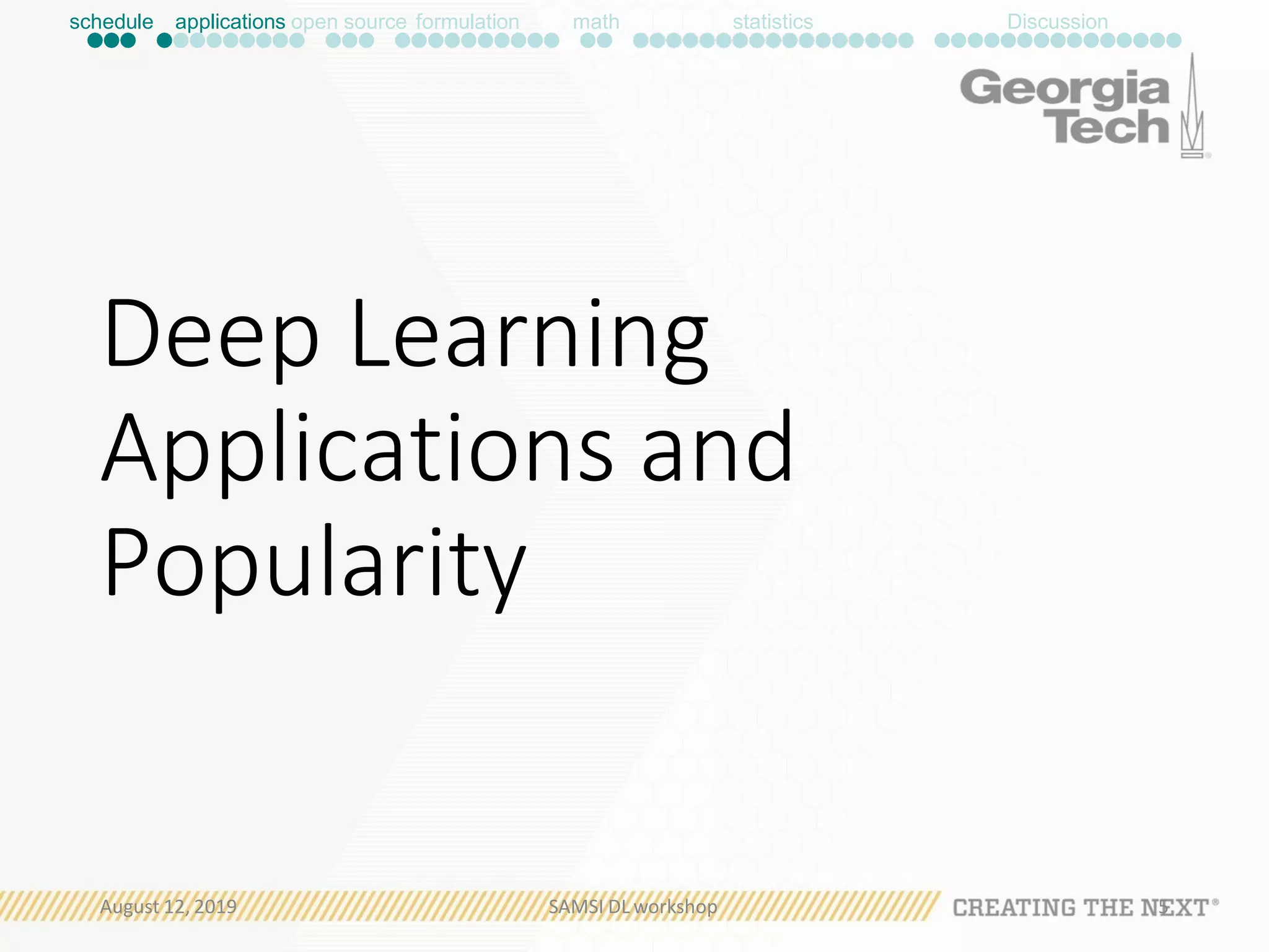 Deep Learning
Applications and
Popularity
schedule applications open source formulation math statistics Discussion
August 12, 2019 SAMSI DL workshop 5
 