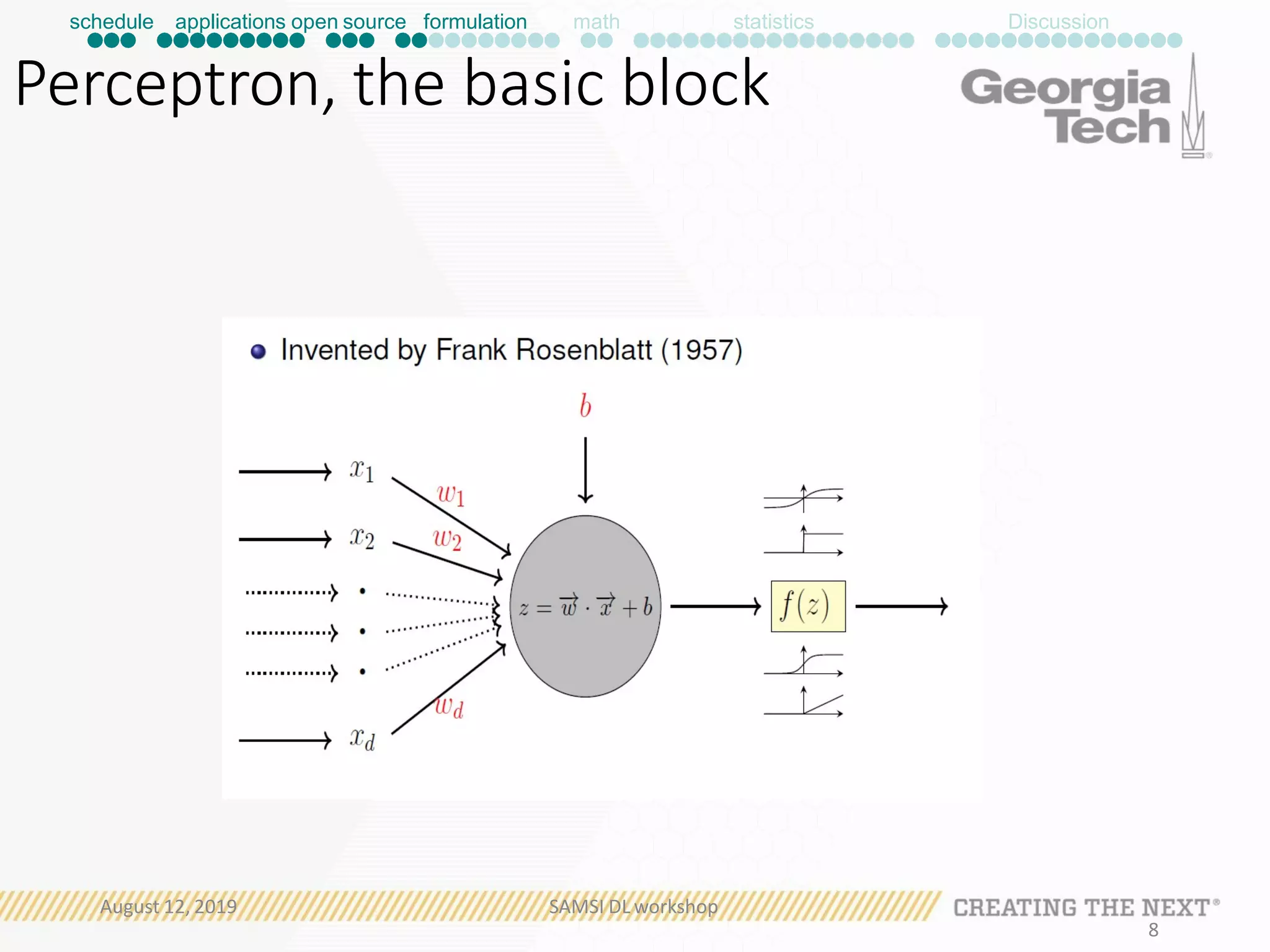 schedule applications open source formulation math statistics
Perceptron, the basic block
Discussion
August 12, 2019 SAMSI DL workshop
8
 
