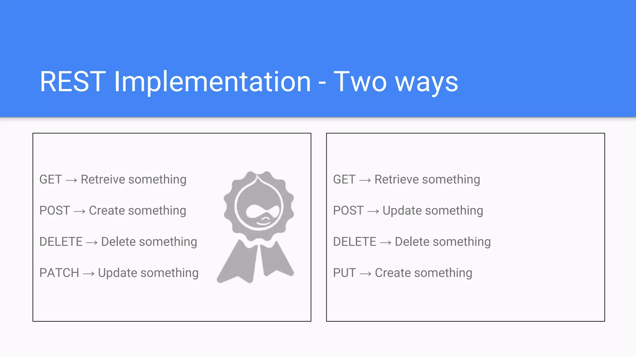 REST Implementation - Two ways GET → Retreive something POST → Create something DELETE → Delete something PATCH → Update something GET → Retrieve something POST → Update something DELETE → Delete something PUT → Create something 