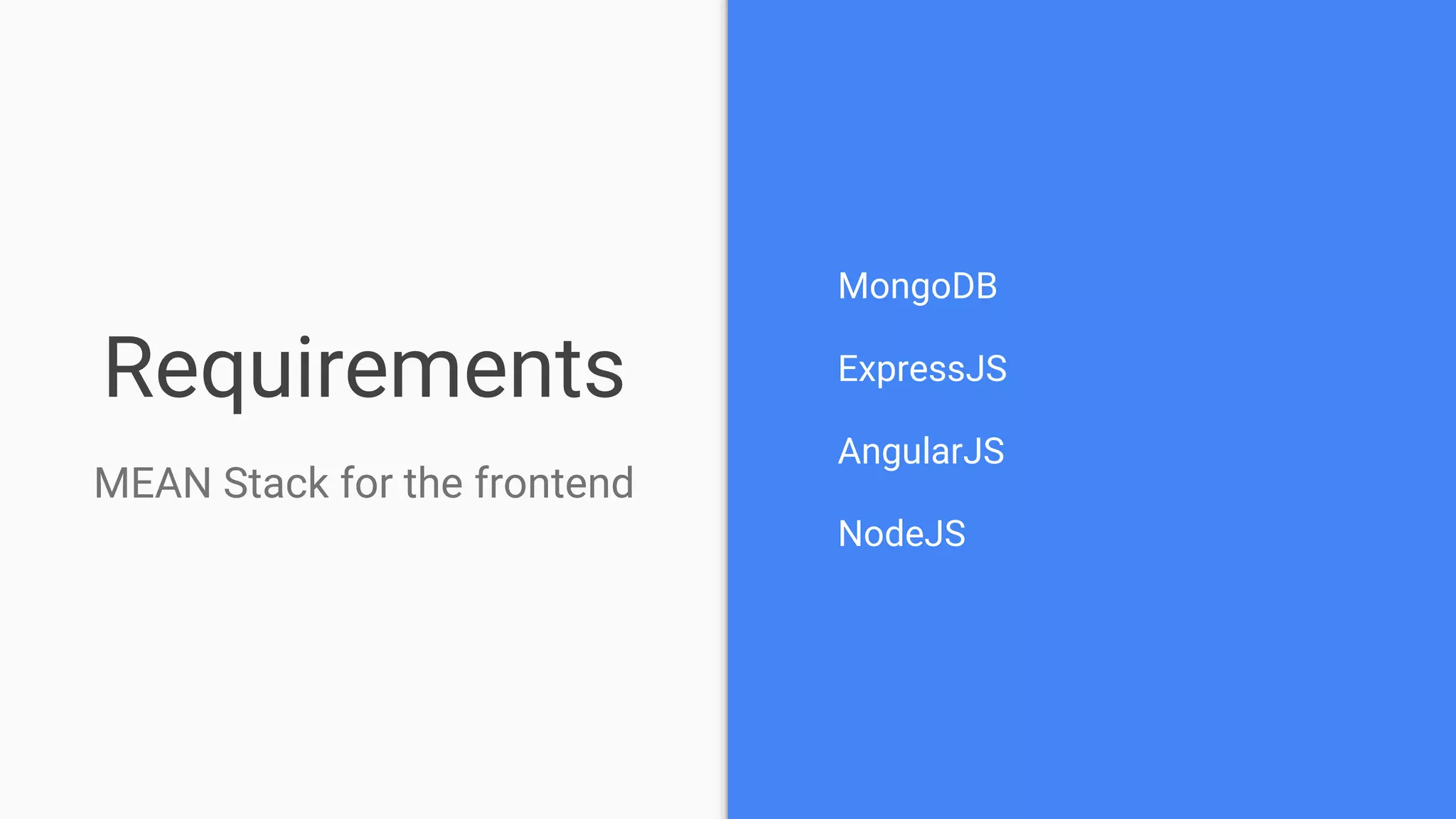 Requirements MEAN Stack for the frontend MongoDB ExpressJS AngularJS NodeJS 