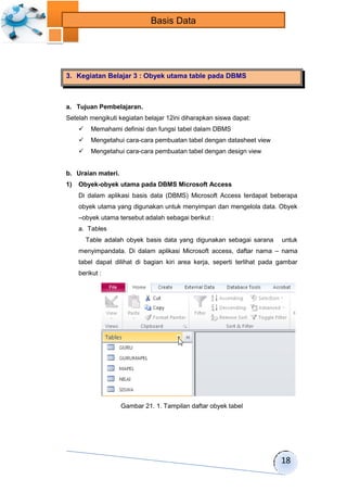 18 
Basis Data 
3. Kegiatan Belajar 3 : Obyek utama table pada DBMS 
a. Tujuan Pembelajaran. 
Setelah mengikuti kegiatan belajar 12ini diharapkan siswa dapat: 
 Memahami definisi dan fungsi tabel dalam DBMS 
 Mengetahui cara-cara pembuatan tabel dengan datasheet view 
 Mengetahui cara-cara pembuatan tabel dengan design view 
b. Uraian materi. 
1) Obyek-obyek utama pada DBMS Microsoft Access 
Di dalam aplikasi basis data (DBMS) Microsoft Access terdapat beberapa 
obyek utama yang digunakan untuk menyimpan dan mengelola data. Obyek 
–obyek utama tersebut adalah sebagai berikut : 
a. Tables 
Table adalah obyek basis data yang digunakan sebagai sarana untuk 
menyimpandata. Di dalam aplikasi Microsoft access, daftar nama – nama 
tabel dapat dilihat di bagian kiri area kerja, seperti terlihat pada gambar 
berikut : 
Gambar 21. 1. Tampilan daftar obyek tabel 
 