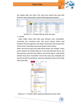 19 
Basis Data 
Dan apabila salah satu tabel di klik maka akan terbuka data yang telah 
tersimpan dalam tabel tersebut, seperti terlihat pada gambar berikut : 
Gambar 21. 2. Tampilan data dari salah satu tabel 
b. Queries 
Query adalah obyek basis data yang berfungsi untuk menampilkan, 
menyunting dan menyaring suatu data sesuai dengan kriteria yang 
diinginkan serta dimungkinkan untuk dapat memasukkan suatu ekspresi atau 
formula untuk menampilkan data sesuai dengan kriteria tertentu. 
Daftar nama-nama obyek query dapat dilihat dengan cara mengklik simbol 
panah kebawah dari jendela paling kiri di area kerja Microsoft Access, dan 
pilih opsi Query atau All Access Objects. Jika kita pilih Query, maka jendela 
tersebut hanya akan menampilkan nama-nama query saja, sedangkan jika 
kita pilih opsi All Access Objects, maka akan ditampilkan seluruh jenis obyek 
dalam basis data. 
Gambar 21. 3. Tampilan obyek database berdasarkan tipe dari obyek 
 