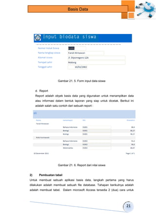 21 
Basis Data 
Gambar 21. 5. Form input data siswa 
d. Report 
Report adalah obyek basis data yang digunakan untuk menampilkan data 
atau informasi dalam bentuk laporan yang siap untuk dicetak. Berikut ini 
adalah salah satu contoh dari sebuah report : 
Gambar 21. 6. Report dari nilai siswa 
2) Pembuatan tabel 
Untuk membuat sebuah aplikasi basis data, langkah pertama yang harus 
dilakukan adalah membuat sebuah file database. Tahapan berikutnya adalah 
adalah membuat tabel. Dalam microsoft Access tersedia 2 (dua) cara untuk 
 
