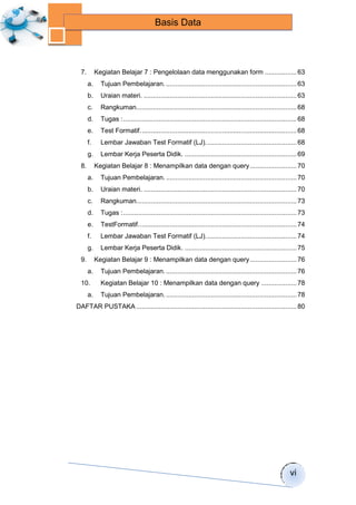 vi 
Basis Data 
7. Kegiatan Belajar 7 : Pengelolaan data menggunakan form ................. 63 
a. Tujuan Pembelajaran. ...................................................................... 63 
b. Uraian materi. .................................................................................. 63 
c. Rangkuman ...................................................................................... 68 
d. Tugas : ............................................................................................. 68 
e. Test Formatif. ................................................................................... 68 
f. Lembar Jawaban Test Formatif (LJ). ................................................ 68 
g. Lembar Kerja Peserta Didik. ............................................................ 69 
8. Kegiatan Belajar 8 : Menampilkan data dengan query ......................... 70 
a. Tujuan Pembelajaran. ...................................................................... 70 
b. Uraian materi. .................................................................................. 70 
c. Rangkuman ...................................................................................... 73 
d. Tugas : ............................................................................................. 73 
e. TestFormatif. .................................................................................... 74 
f. Lembar Jawaban Test Formatif (LJ). ................................................ 74 
g. Lembar Kerja Peserta Didik. ............................................................ 75 
9. Kegiatan Belajar 9 : Menampilkan data dengan query ......................... 76 
a. Tujuan Pembelajaran. ...................................................................... 76 
10. Kegiatan Belajar 10 : Menampilkan data dengan query ................... 78 
a. Tujuan Pembelajaran. ...................................................................... 78 
DAFTAR PUSTAKA ...................................................................................... 80 
 