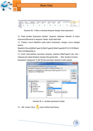 72 
Basis Data 
Gambar 26. 3. Menu membuat ekspresi dengan build expression 
12. Pada jendela Expression Builder, ekspansi database Sekolah di kolom 
ExpressionElements ekspansi Tables pilh tabel Nilai. 
13. Tuliskan rumus NilaiAkhir pada kolom Expression, dengan rumus sebagai 
berikut: 
NilaiAkhir:Round(([NilaiTugas1]+[NilaiTugas2]+[NilaiTugas3])/3*0.2+0.35*[NilaiU 
TS]+0.45*[NilaiUAS],2) 
14. Untuk memudahkan penulisan ekspresi, ekspresi [NilaiTugas1] dan nilai – 
nilaiyang lain dapat dtuliskan dengan klik ganda field – field tersebut di kolom 
Expression Categories  klik OK jika penulisan ekspresi sudah selesai. 
Gambar 26. 4. Jendela expression builder 
15. Klik tombol Run( ) untuk melihat hasil Query. 
 