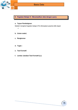 76 
Basis Data 
9. Kegiatan Belajar 9 : Menampilkan data dengan query 
a. Tujuan Pembelajaran. 
Setelah mengikuti kegiatan belajar 27ini diharapkan peserta didik dapat: 
 . 
b. Uraian materi. 
c. Rangkuman 
d. Tugas : 
e. Test Formatif. 
f. Lembar Jawaban Test Formatif (LJ). 
 