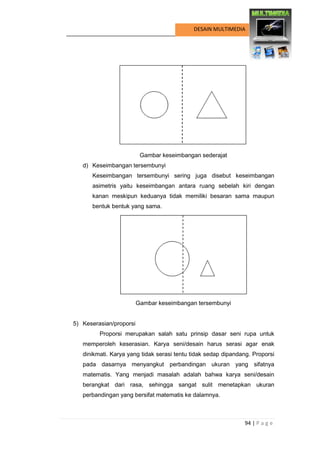 94 | P a g e 
DESAIN MULTIMEDIA 
Gambar keseimbangan sederajat 
d) Keseimbangan tersembunyi 
Keseimbangan tersembunyi sering juga disebut keseimbangan asimetris yaitu keseimbangan antara ruang sebelah kiri dengan kanan meskipun keduanya tidak memiliki besaran sama maupun bentuk bentuk yang sama. 
Gambar keseimbangan tersembunyi 
5) Keserasian/proporsi 
Proporsi merupakan salah satu prinsip dasar seni rupa untuk memperoleh keserasian. Karya seni/desain harus serasi agar enak dinikmati. Karya yang tidak serasi tentu tidak sedap dipandang. Proporsi pada dasarnya menyangkut perbandingan ukuran yang sifatnya matematis. Yang menjadi masalah adalah bahwa karya seni/desain berangkat dari rasa, sehingga sangat sulit menetapkan ukuran perbandingan yang bersifat matematis ke dalamnya.  